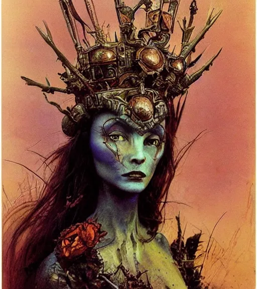 Prompt: empress of the wasteland, scrap metal headdress, strong line, deep color, high contrast, beautiful! coherent! by brian froud, by frank frazetta, low angle