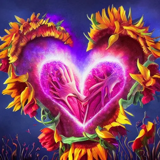 Prompt: a beautiful matte painting by Larisa Novik of an anatomically correct heart bursting out of an anatomically correct skeletal rib-cage and exploding into rainbows and sunflowers, trending on artstation hq