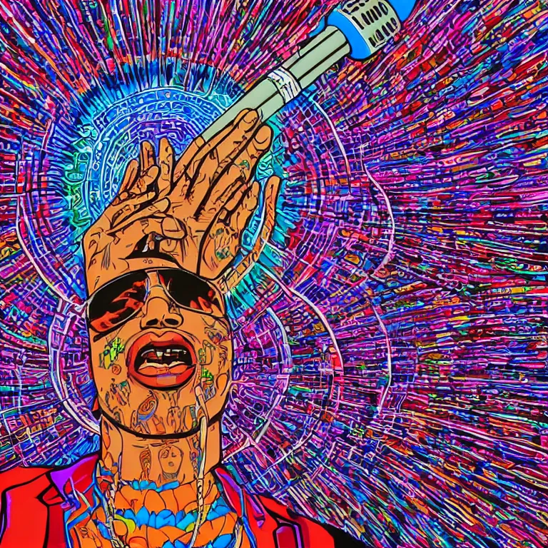 Image similar to rapping on stage at festival, holding microphone, giant crowd, epic angle, profile view, psychedelic hip hop, illustrated by Alex Grey