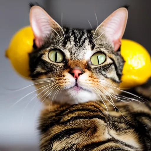 Prompt: photo of a tabby cat with a lemon for a head