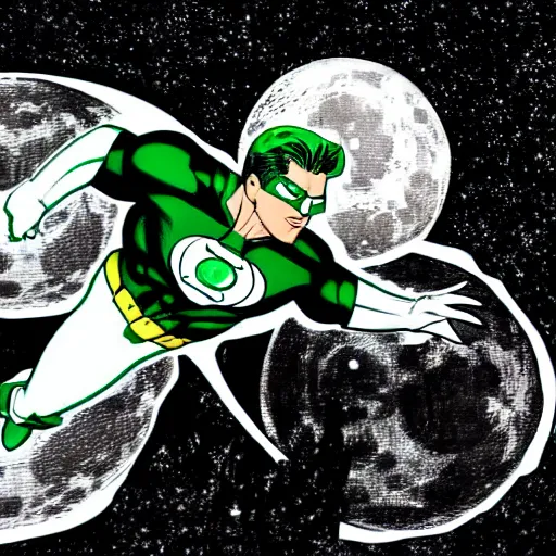 Image similar to Green Lantern in black and white uniform flying in-front of the moon, dramatic, dark, DC comic style