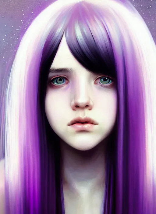 Image similar to hair whitebangs hair, black hair, whitebangs, portrait of teenage girl with white bangs, red irises, purple clothes, white bangs, bangs are different color from hair, intricate, elegant, glowing lights, highly detailed, digital painting, artstation, concept art, smooth, sharp focus, illustration, art by wlop, mars ravelo and greg rutkowski