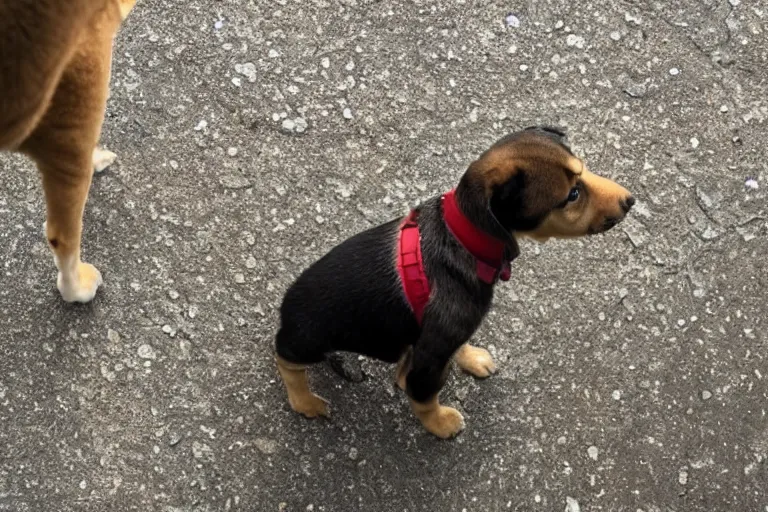 Image similar to an high angle view of a puppy that is standing at the edge of a bridge looking and the puppy is looking down at the water below