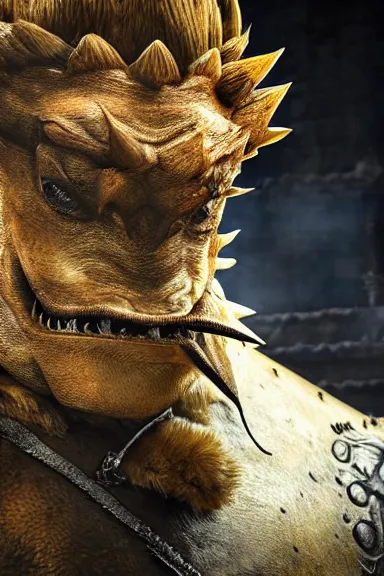 Prompt: very very intricate photorealistic photo of bowser in an episode of game of thrones, photo is in focus with detailed atmospheric lighting, award - winning details
