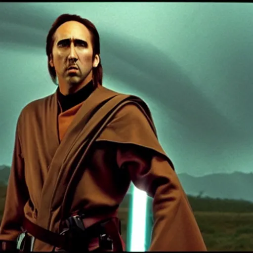 Prompt: Nicholas Cage as a Jedi Knight, cinematic, Kodak 2383 film