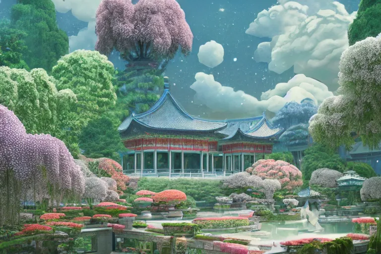 Prompt: A beautiful Chinese palace,crystal, Surrounded by flower Arrangement Hydrangea and Delphinium, A paradise like a fairyland, by Mamoru Hosoda and James Jean and beeple, 3D Octane Render