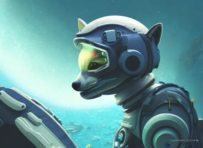 Image similar to An anthropomorphic fox as a retrofuturistic astronaut, helmet with led lights, underwater in the ocean at night, clear water, volumetric lighting, glowing lights, 4k, octane, digital painting, artstation, concept art, cinematic film, sharp focus, illustration, art by artgerm and greg rutkowski and alphonse mucha , wide angle view,