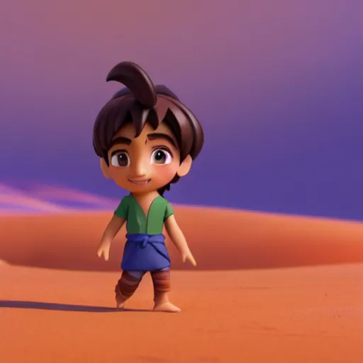 Image similar to a profile view of young aladdin as nendoroid walking in a desert in the croods movie style, anime, disney, pixar, 8 k, hd, dof, kodak film, volumetric lighting, subsurface scattering, photorealistic, octane render, details