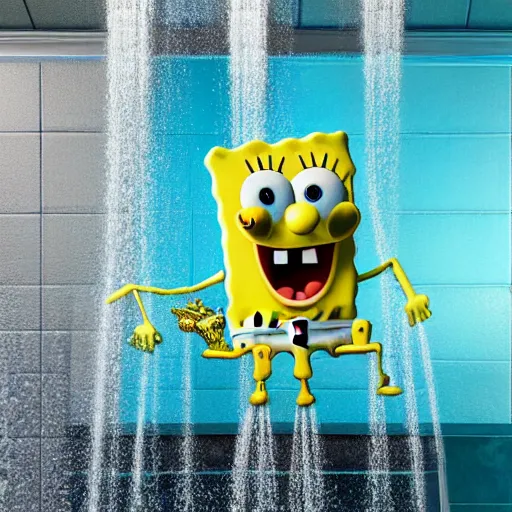 Image similar to spongebob standing in large shower, 4 k realistic photo