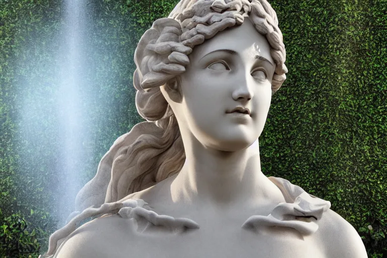 Image similar to photo of a beautiful greek statue in a garden surrounded by fountains, 4 k, hyper realistic, lens flare, octane render, hyper detailed, accurate proportions