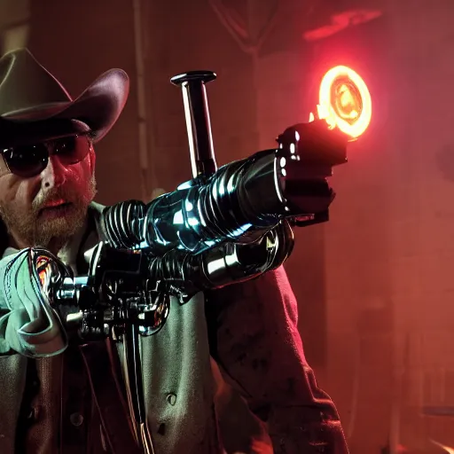 Prompt: brawndo the thirst mutiliator, a terminator android dressed as a cowboy, 8 k, movie still, high detail
