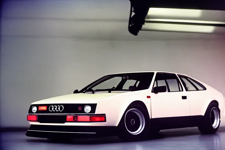 Image similar to designed by giorgetto giugiaro 1 9 7 7 audi rs 8, thick neon lights, ektachrome photograph, volumetric lighting, f 8 aperture, cinematic eastman 5 3 8 4 film