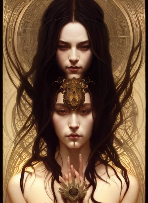 Image similar to symmetry!! portrait of pandora, dark fantasy, intricate, elegant, highly detailed, my rendition, digital painting, artstation, concept art, smooth, sharp focus, illustration, art by artgerm and greg rutkowski and alphonse mucha and huang guangjian and android jones and sachin teng