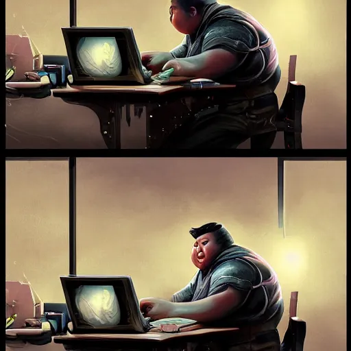 Prompt: a insanely detailed painting of a slightly overweight asian man wearing a homemade superhero costumed, sitting at a computer desk nervously typing on the keyboard, in the style of peter mohrbacher, dramatic lighting and composition, trending on artstation, concept art, comic book, graphic novel