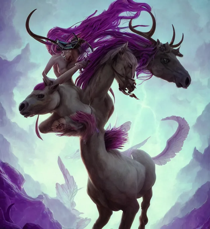 Prompt: a polaroid photo of, a majestic female centaur with white wings and with a horn on the forehead and purple hair and elf ears, backlit, strong rim light, highly detailed, digital painting, by Alvaro Castagnet + Peter Mohrbacher + Dan Mumford + vivid colors + high contrast, 8k resolution, intricate, photorealistic, smooth