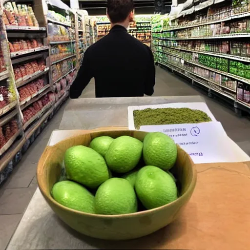 Prompt: liquid 3 d terminator cgi t 1 0 0 0 in a whole foods trying to decide which avocado to buy