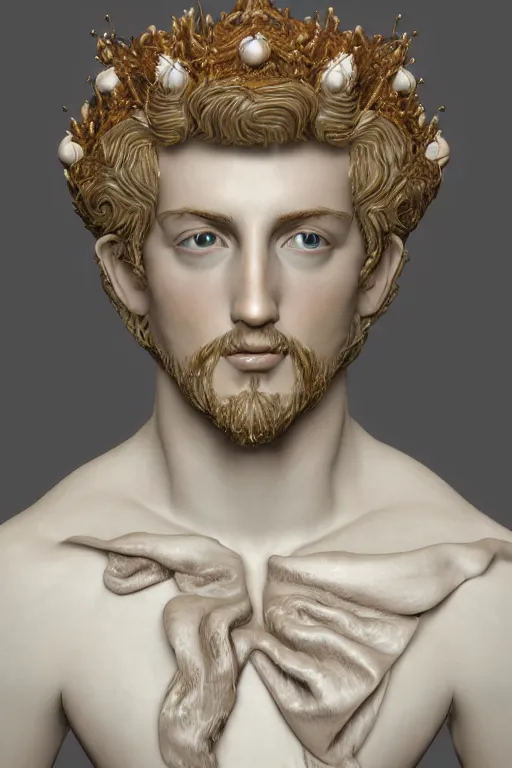 Image similar to a realistic porcelain full-head rococo style bust of handsome young Spanish prince a faded style haircut and a crown made of colored pipecleaners, suspended in outer space, photorealism, octane render, depth of field, 8k, 35mm, artgem, Trending on artstation