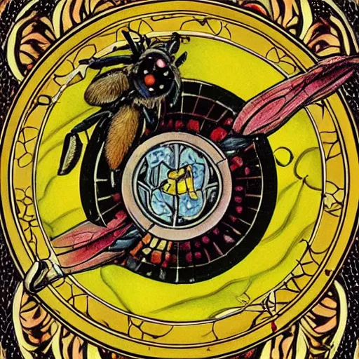 Image similar to a bloody spiritual ritual spell with a bumblebee at the middle of a bullseye, fantasy illustration, art nouveau