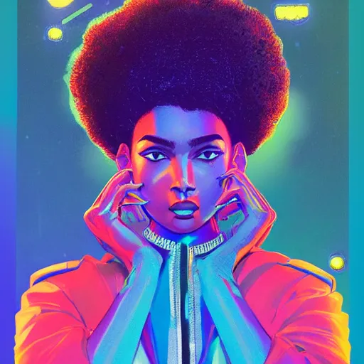 Image similar to electric yara shahidi, afrofuturism, cute - fine - face, pretty face, oil slick hair, realistic shaded perfect face, extremely fine details, realistic shaded lighting, dynamic background, poster by by ilya kuvshinov katsuhiro otomo, magali villeneuve, artgerm, jeremy lipkin and michael garmash and rob rey