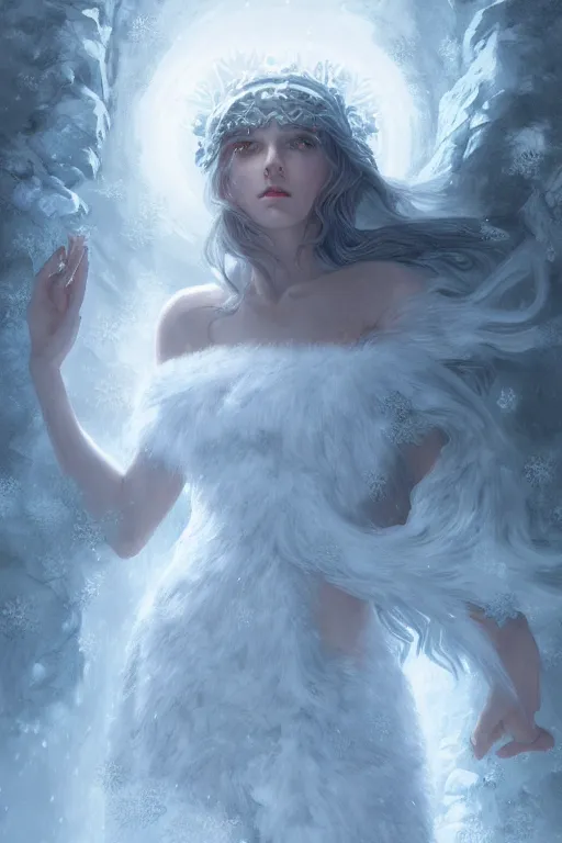 Image similar to goddess of the winter solstice, highly detailed, digital painting, artstation, concept art, smooth, sharp focus, elegant, illustration, unreal engine 5, 8 k, art by artgerm and greg rutkowski and edgar maxence