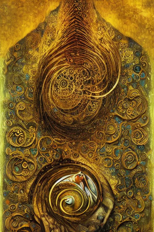 Image similar to The Helliquary by Karol Bak, Jean Deville, Gustav Klimt, and Vincent Van Gogh, lockbox, otherworldly, fractal structures, arcane, inferno, inscribed runes, reliquary, infernal relics, ornate gilded medieval icon, third eye, spirals