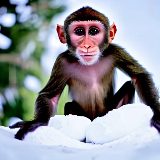 Image similar to beatiful photograph of monkey sitting in the center of the image whilst holding a snowball in its arms