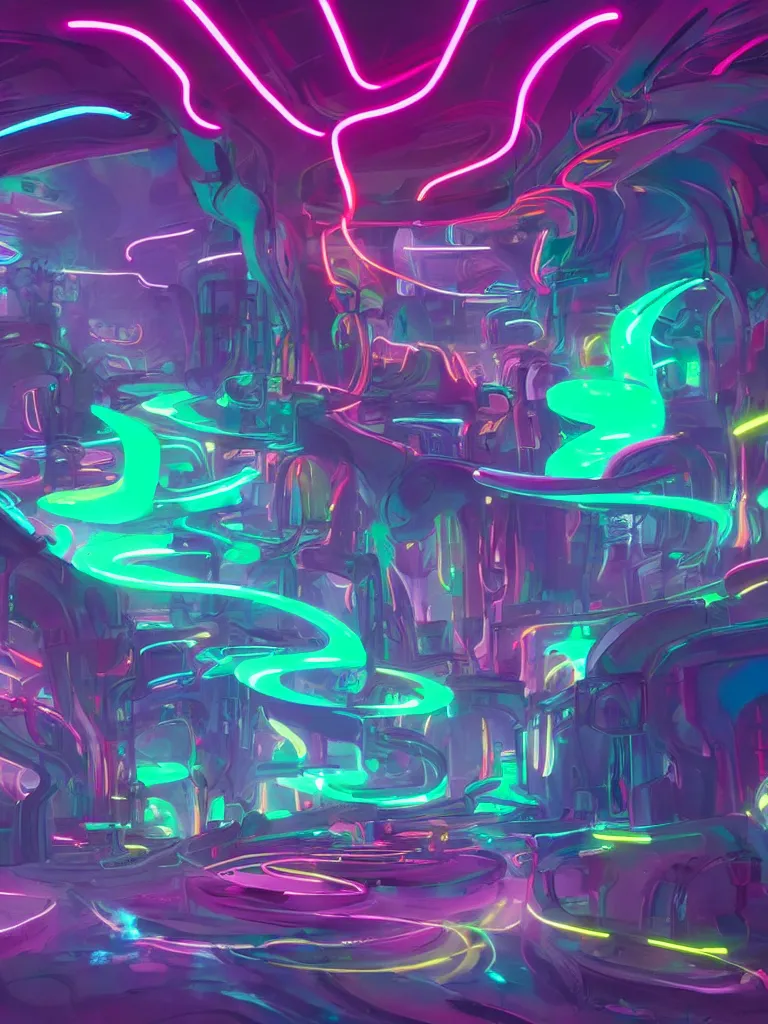 Image similar to glowing neon fluid flowing through mekanism pipes by disney concept artists, blunt borders, rule of thirds