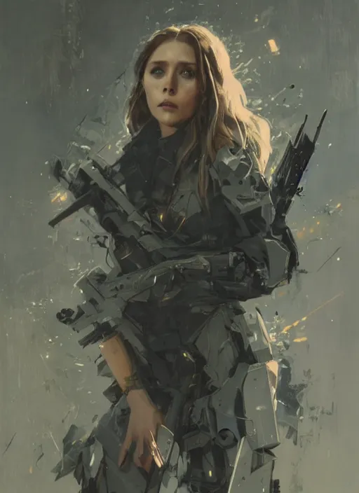 Image similar to Elizabeth Olsen wearing metal gear armor holding a shotgun dramatic lighting art by Yoji Shinkawa by Richard Schmid by greg rutkowski by Sandra Chevrier by Jeremy Lipking cinematic dramatic