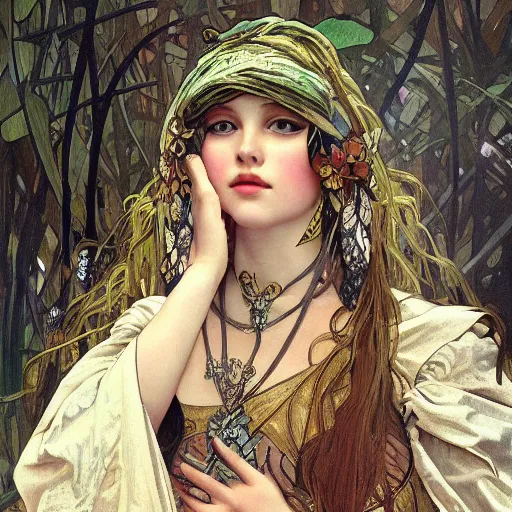 Prompt: Portrait of a Swamp girl, feathers of silver and gold, Alphonse Mucha and Gigadō Ashiyuki, trending on artstation, HD, 8k, Classical painting,