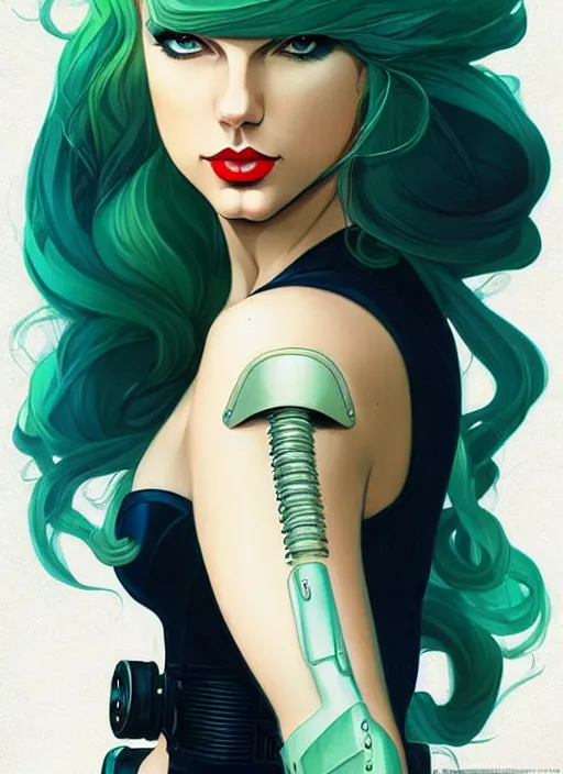 Image similar to style artgerm, joshua middleton, taylor swift with green dress, very long blue hair, symmetrical face, symmetrical eyes, steampunk western gunslinger with cyborg arm, cinematic lighting