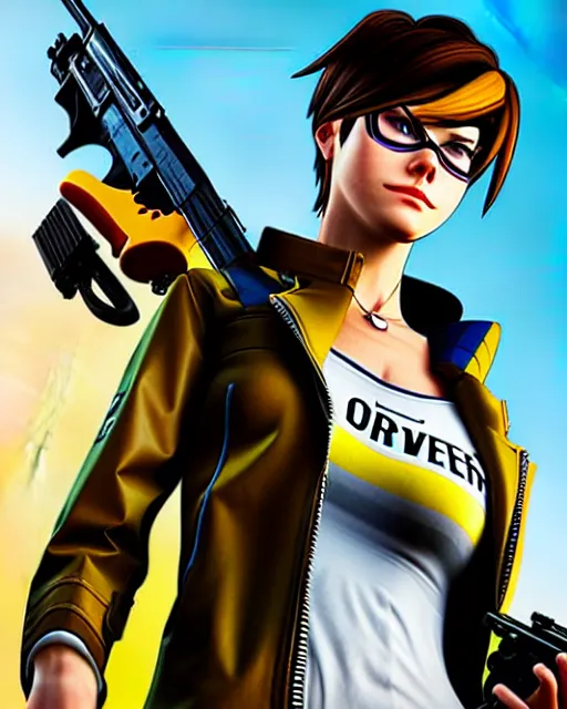 Image similar to gta 5, grand theft auto 5 cover art of tracer from overwatch