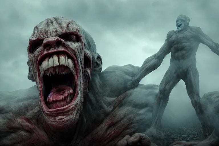 Prompt: a giant yelling titan made of muscles and flesh, very angry, misty, foggy, ambient light, terror, glows, realistic, photo-realism, hyper realism, picture, detailed, 3D render, scary, terror, distant shot, in the distance,