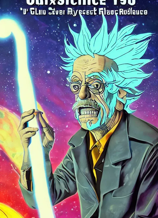 Prompt: Christopher Lloyd as Rick Sanchez on the cover of Galaxy Science Fiction, 1965, detailed, epic, vintage 1960s print, trending on artstation