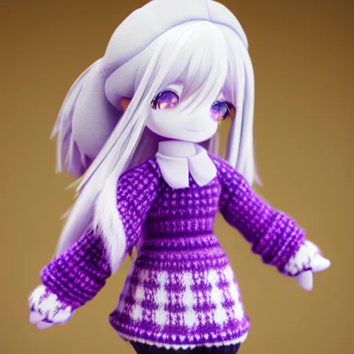 Prompt: cute fumo plush of a girl in a purple checkerboard woolen sweater, anime girl, vray