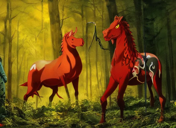 Prompt: an oafish demon next to a red horse in a dark forest | bekinski anime studio ghibli gottfried helnwein painting film cinematic 4 k