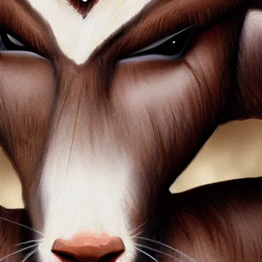 Prompt: fantasy portrait of female Minotaur with brown and white fur, close up, concept art