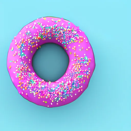 Prompt: 3 d render of a pink donut with purple and blue sprinkles, light pink background