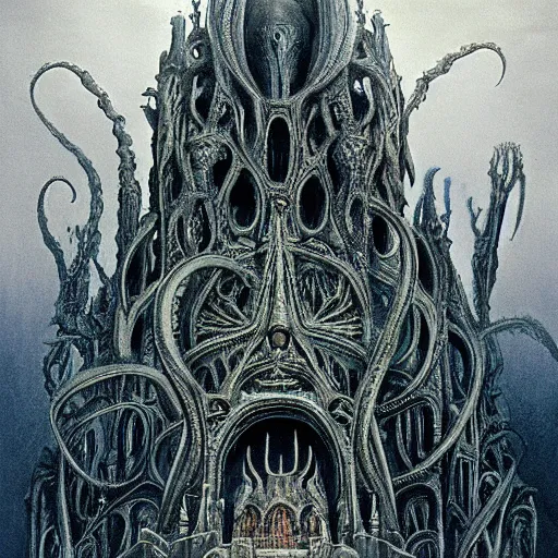 Prompt: monstrous and twisted cathedral with an altar that has a statue to many eyed veiny and four armed cthulhu, tentacles twisting in lotus position. in the style of hr giger and zdzisław beksinski and frank frazetta. blue glow, gloomy and misty. biomechanical oil painting horror