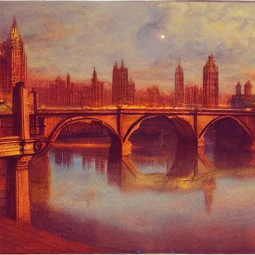 Image similar to A beautiful photograph of a cityscape with tall spires and delicate bridges. astrophotography, pastel red by Thomas Gainsborough, by Helmut Newton harrowing