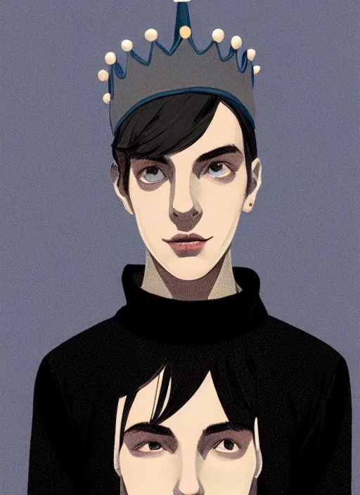 Image similar to portrait of teenage jughead jones wearing a light grey crown, crown, blue turtleneck, 1 9 5 0 s, closed eyes, photorealistic, black hair, glowing lighting, intricate, elegant, glowing lights, highly detailed, digital painting, artstation, concept art, smooth, sharp focus, illustration, art by wlop, mars ravelo and greg rutkowski