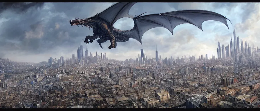 Image similar to one dragon flying over the city, detailed matte painting, trending on artstation, by Alan Lee, James Gurney, cinematic