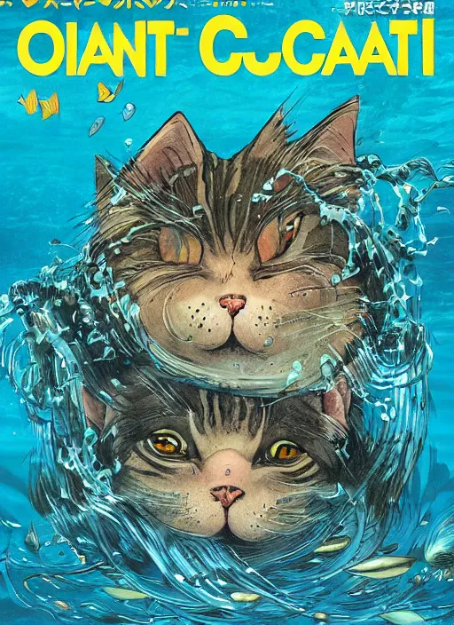 Image similar to japanese magazine cover of one giant cat in the middle of the sea illustrated by miyazaki, hiroyuki kato, keisuke goto, highly detailed, concept art, illustration art