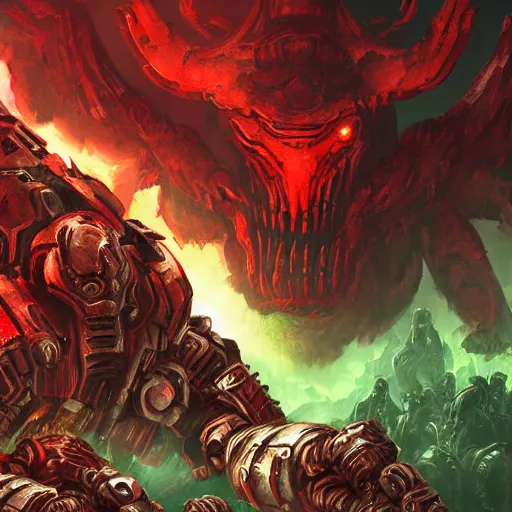 Image similar to Doom slayer on pile of money fighting corporate greed demons, splash screen art, vivid, digital painting