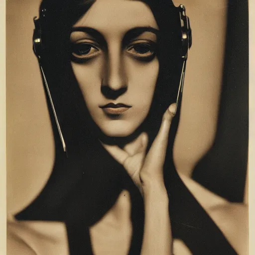 Image similar to A portrait of a beautiful cyberpunk girl, by Man Ray, fine art