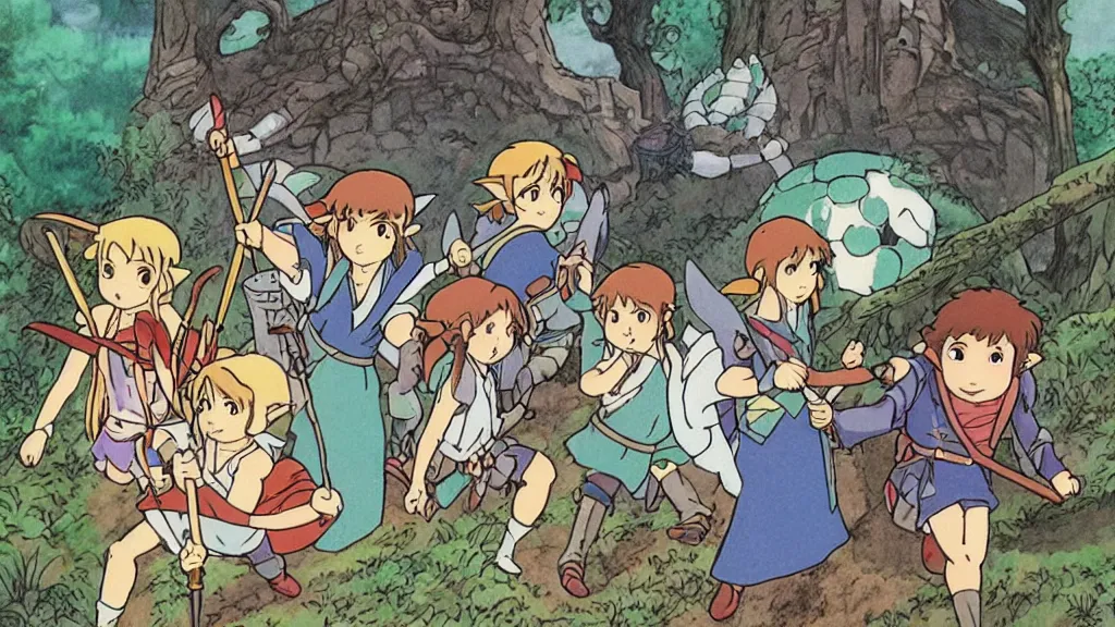 Prompt: 1 9 8 0 s “ studio ghibli ” anime featuring “ link ” with a fairy and “ princess zelda ” fighting against monsters in a dungeon labyrinth.
