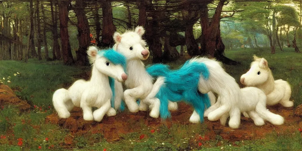 Prompt: 3 d precious moments plush animal, realistic fur, stuffed animal horse, teal, deep blue, storm, graves, night, master painter and art style of john william waterhouse and caspar david friedrich and philipp otto runge