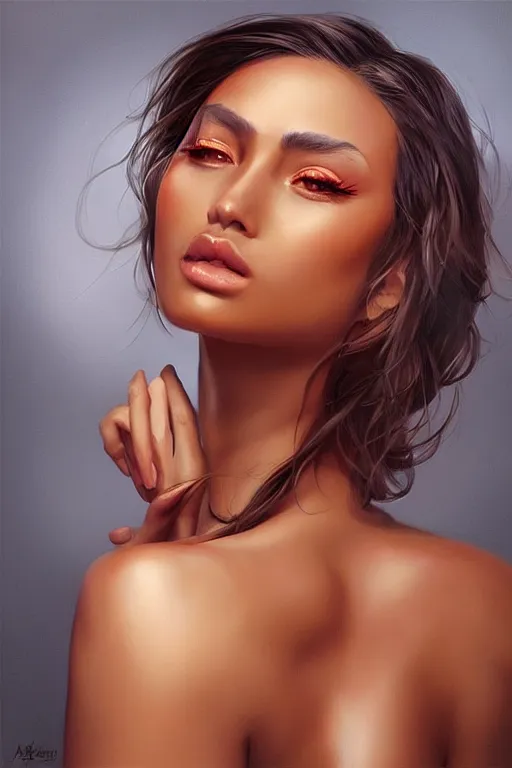 Image similar to Tanned beauty portrait by Artgerm and WLOP