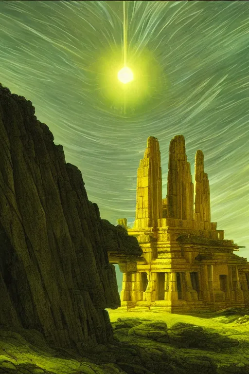 Prompt: yellow glowing ancient temple, green hills, star trails, dramatic lighting, artstation, matte painting, caspar david friedrich, ralph mcquarrie