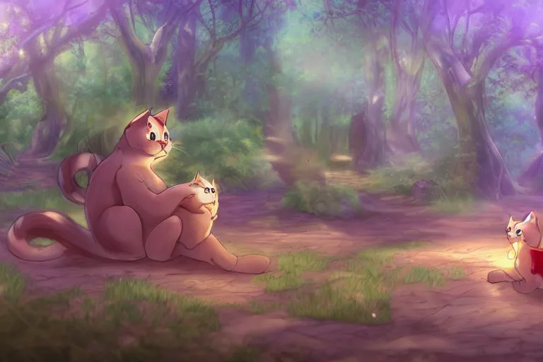 Prompt: a cat in a forest, highly detailed, digital art, trending on artstation, backlighting, by kawacy, by wayne mclouglin, by don bluth, fan art