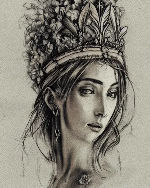 Image similar to realism tattoo sketch of a beautiful greek goddess aphrodite wearing a laurel wreath and arrowhead earrings, in the style of greg rutkowski, amazing detail